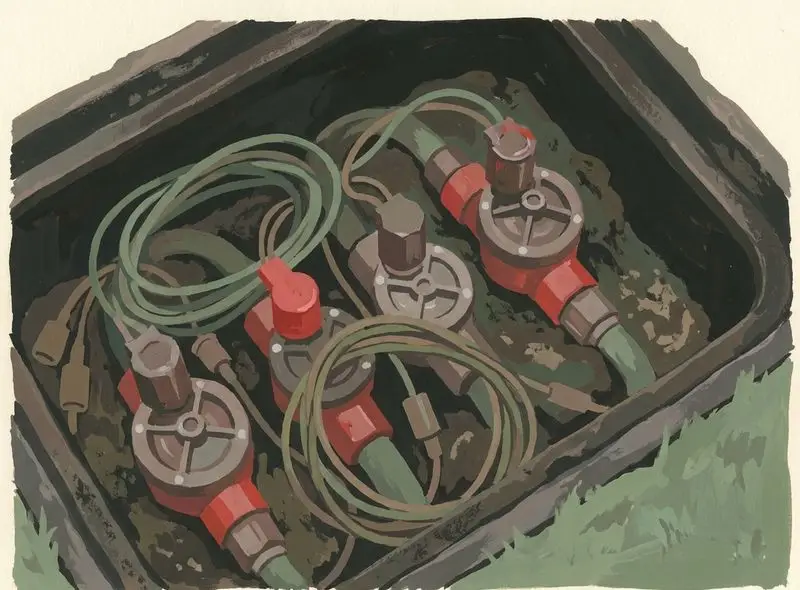 Macro illustration of an irrigation valve box interior showing solenoid valves and wiring